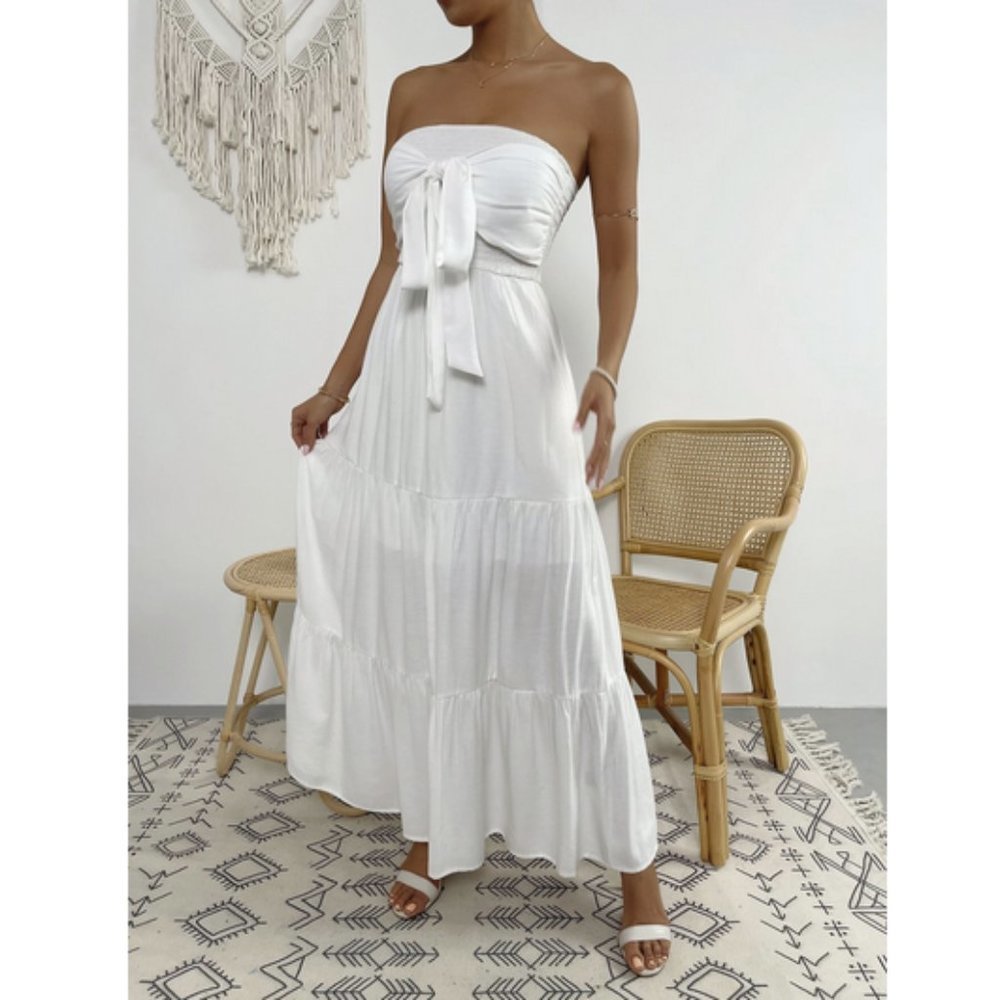 Boho Tie Front Shirred Ruffle Hem Tube Dress WHITE - Picture 3 of 6